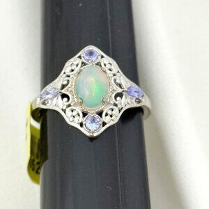 Victorian Style Sterling Ring w/Ethiopian Welo Opal  & Tanzanite Accents - NWT